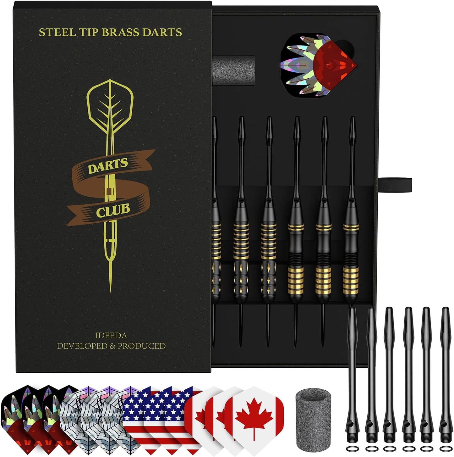 Darts Metal Tip Set - 6 Brass Darts 22G/24G + 12 Aluminum Shafts + 12 Flights + 1 Sharpener