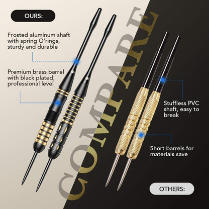 Darts Metal Tip Set - 6 Brass Darts 22G/24G + 12 Aluminum Shafts + 12 Flights + 1 Sharpener
